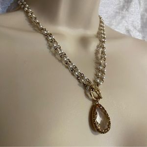 Gold tone clear glass and tiny pearl necklace, toggle clasp, vintage, as shown